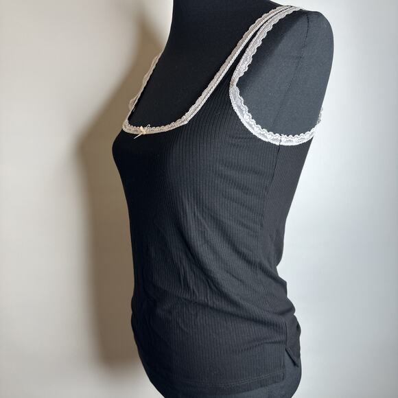Honey Dew Fine Rib Lace Trim Tank Top Cami Square Neck Black Size S Soft Comfy - Picture 4 of 8